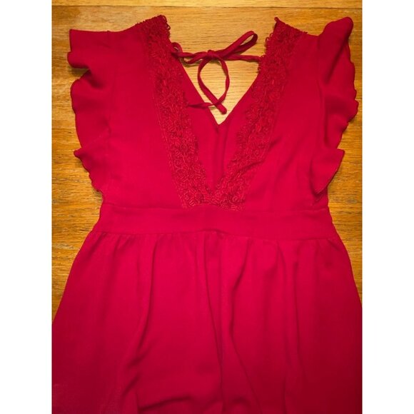 Red Ruffled V-Neck Dress With Lace Trim & Tie Back - Picture 3 of 6